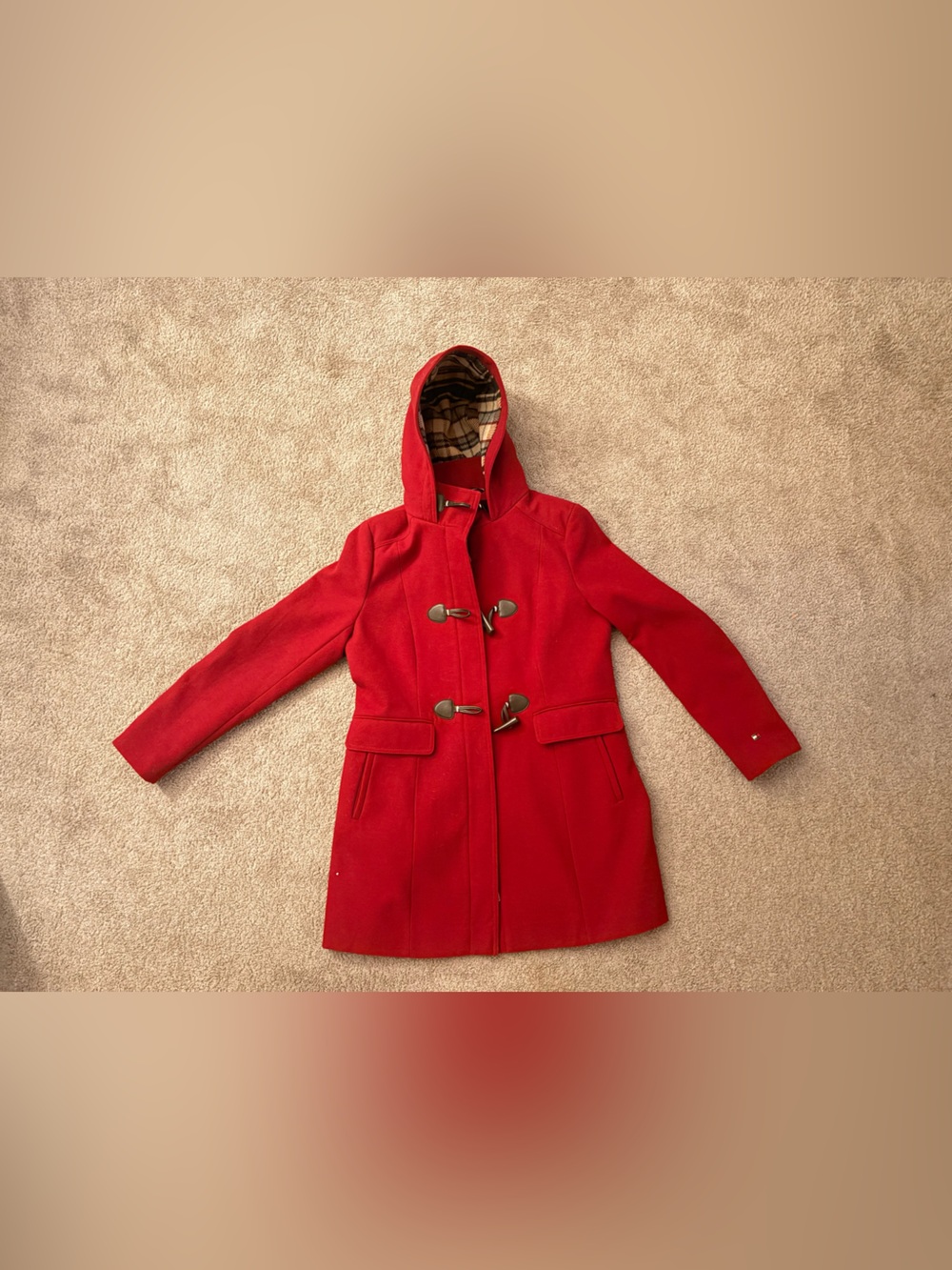 Tommy Hilfiger Red Hooded Toggle Pea Coat